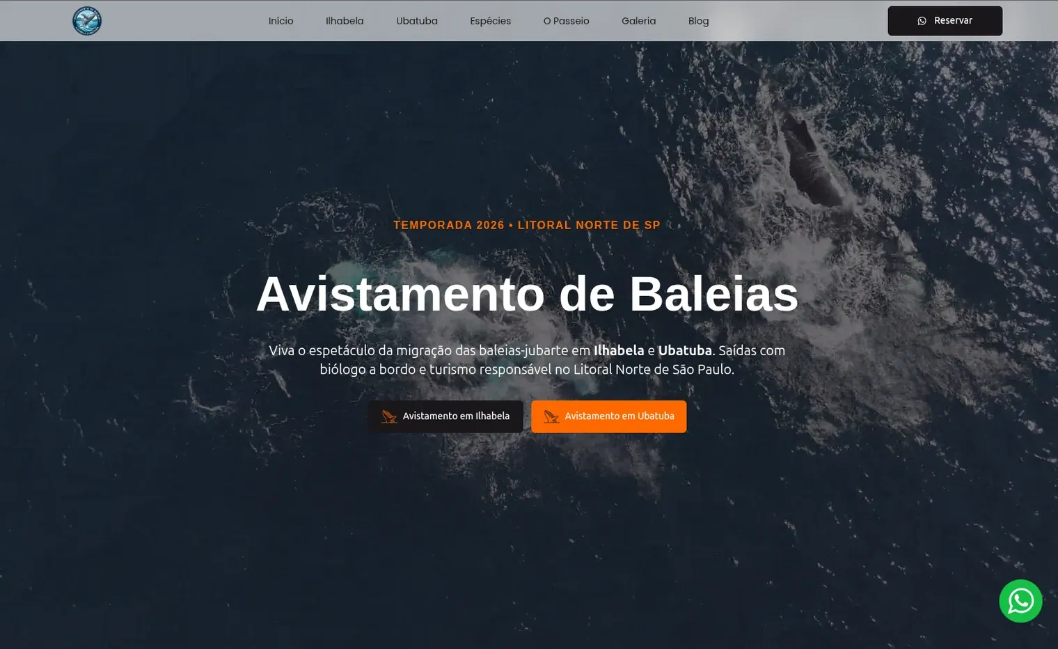 Avistamento de Baleias — A whale-watching site for the São Paulo north coast, built for search from the first decision. Design and build both mine.