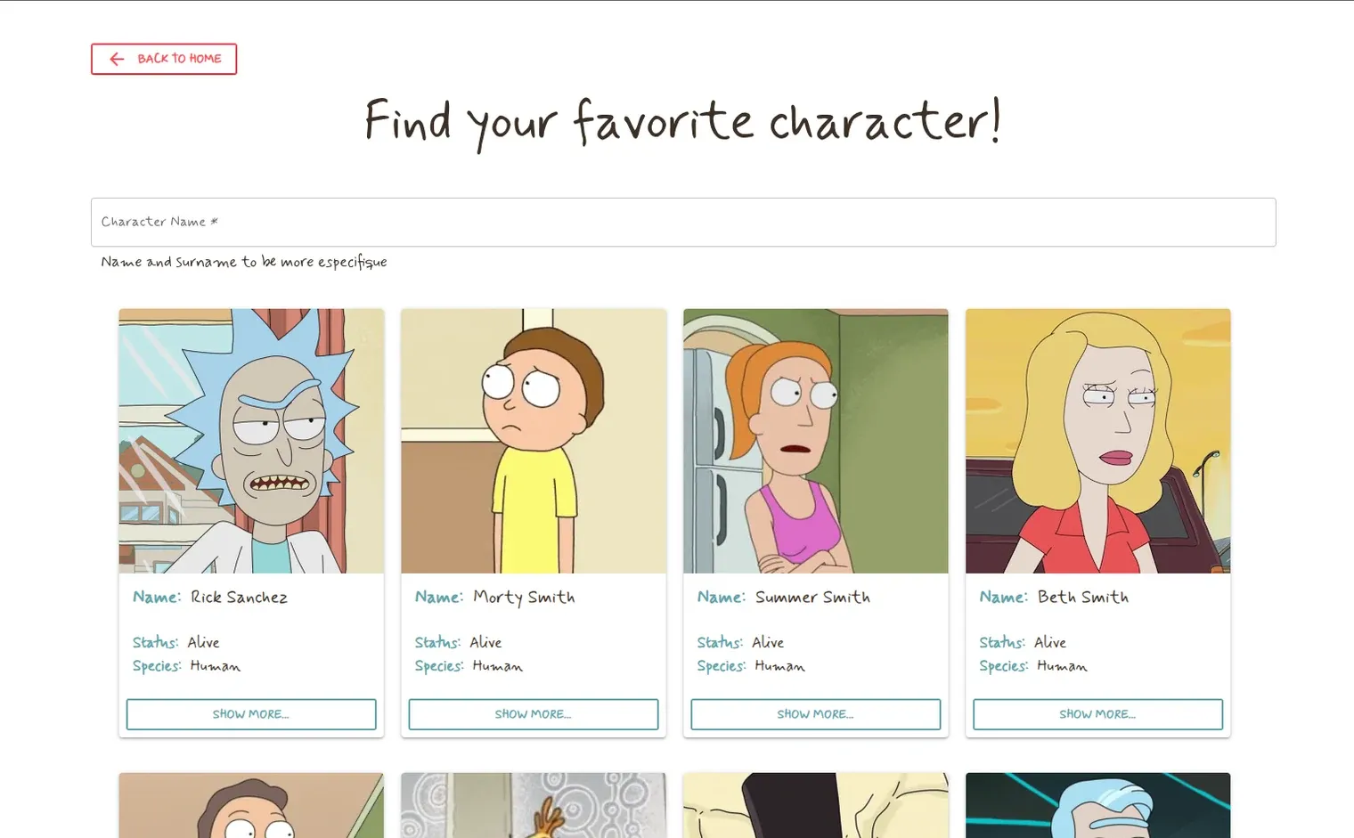 Rick and Morty — Character search over the Rick and Morty API: paginated list, per-character detail.